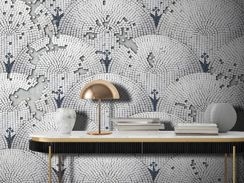Geometric wallpaper with ancient mosaic in grey, white and blue colors