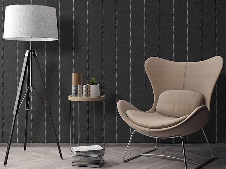 Pinstriped fabric wallpaper, vertical white lines on a dark gray background, fabric effect