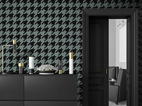 Contemporary style study with black and green houndstooth geometric texture wallpaper