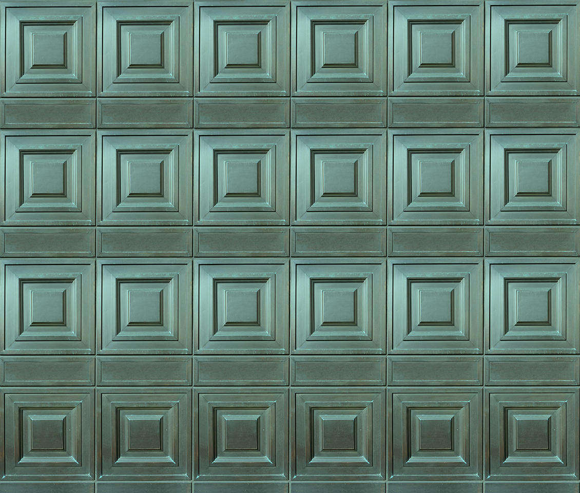 Boiserie wallpaper with green-colored square and rectangular metal plates