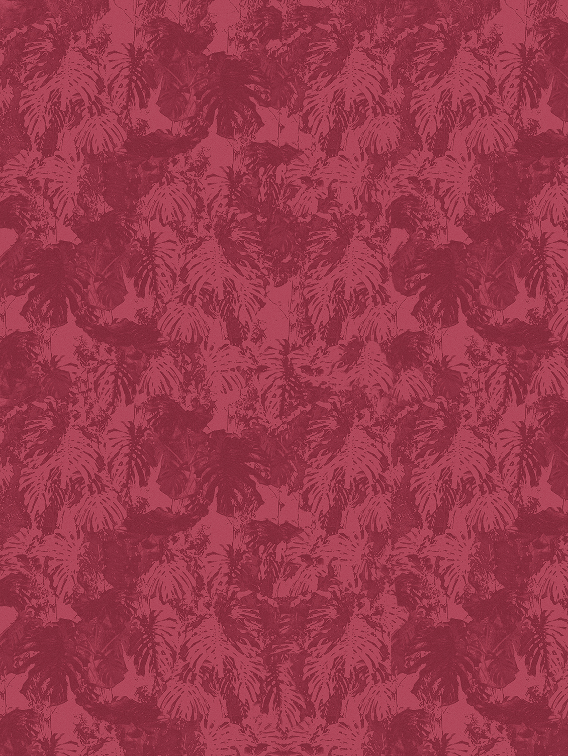 Wallpaper in shades of red with texture of tropical leaves, fabric effect