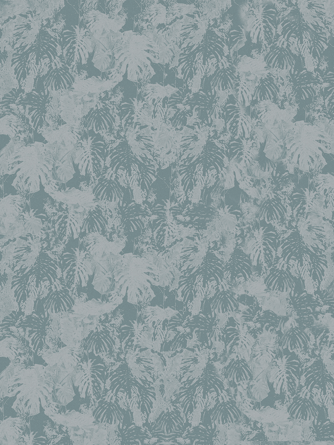 Wallpaper in shades of light blue with texture of tropical leaves, fabric effect