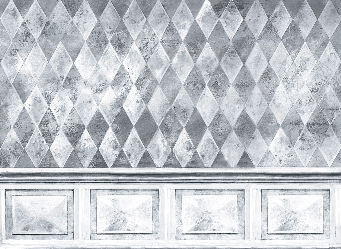 Geometric diamond wallpaper with hand-painted boiserie