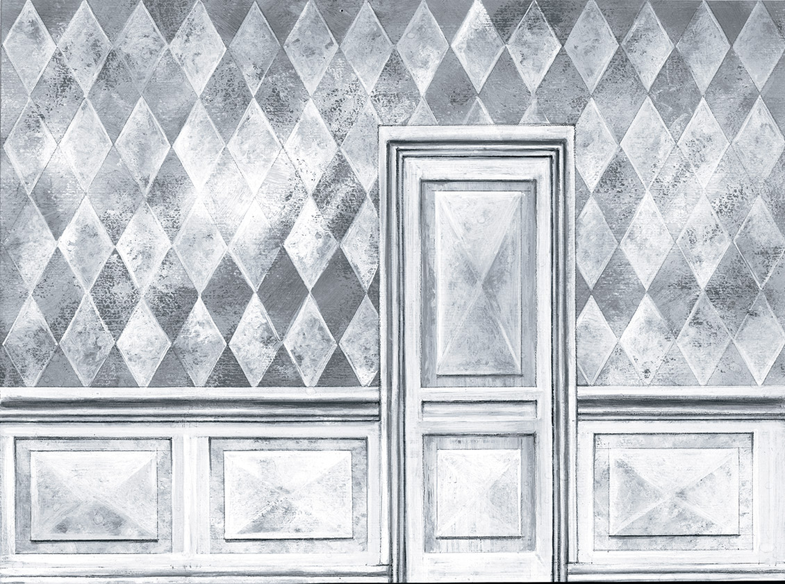 Classic wallpaper with geometric decoration and boiserie