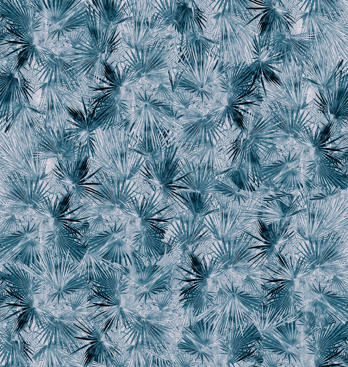 Exotic wallpaper with palm leaf design in various shades of blue