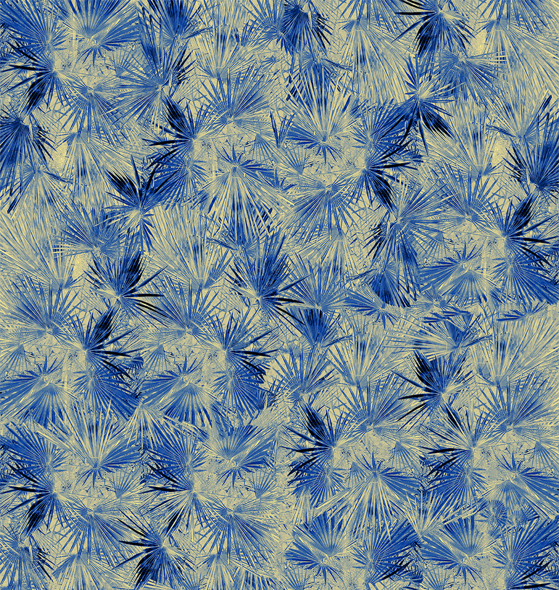 Tropical wallpaper with palm leaf design in various shades of blue and yellow
