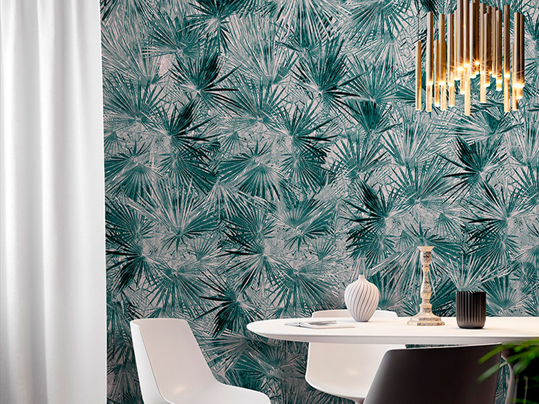 Exotic palm leaf textured wallpaper with various green tones in a dining room