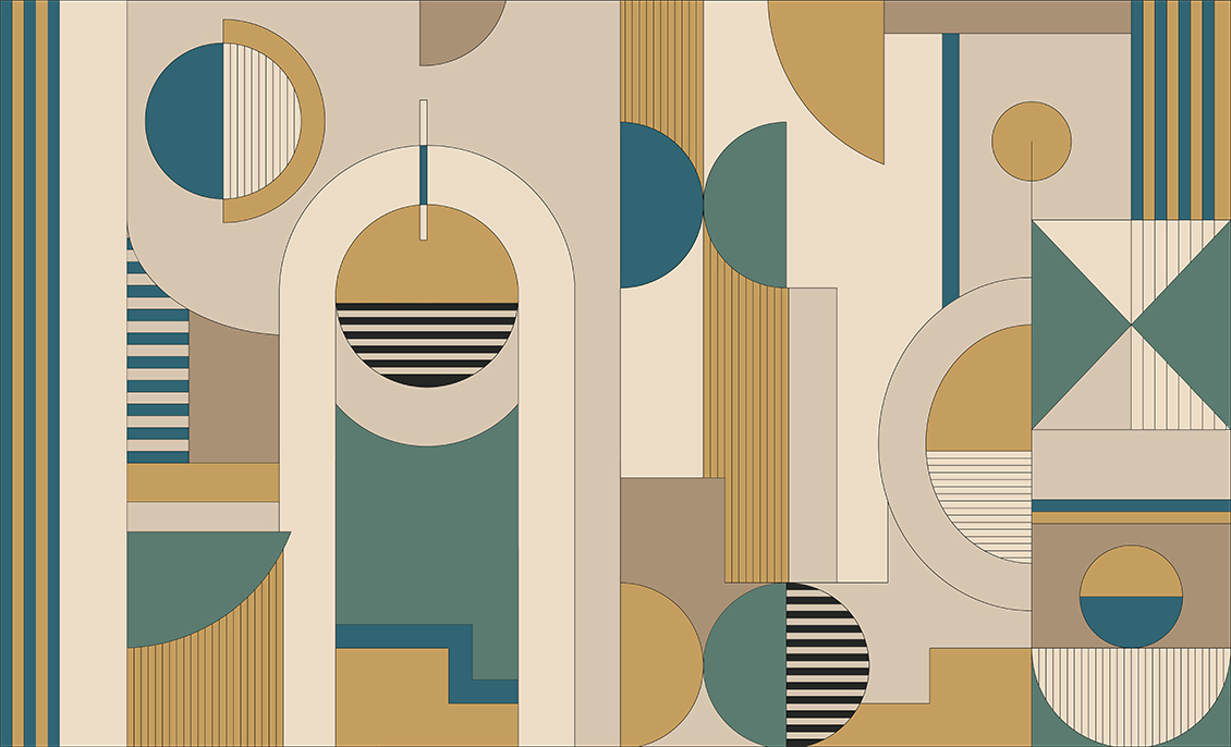 Bauhaus wallpaper with circles, lines and geometric figures in shades of beige, yellow and green