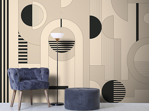 Decorative wallpaper with circles, lines and geometric figures that decorates a shop