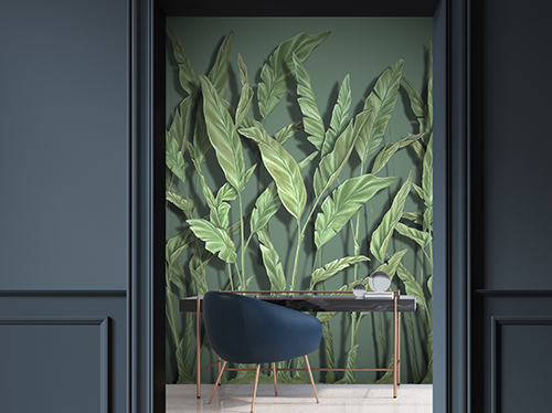 Hand-painted tropical wallpaper, 3d effect with large banana leaves on a green background