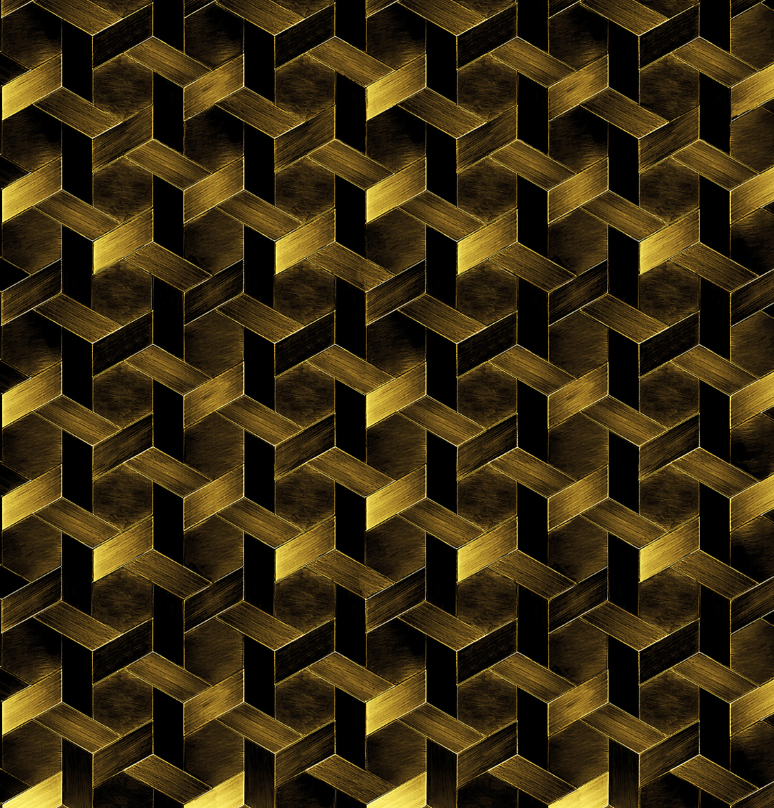 Carta da parati con disegno decorativo geometrico color oro, su fondo nero