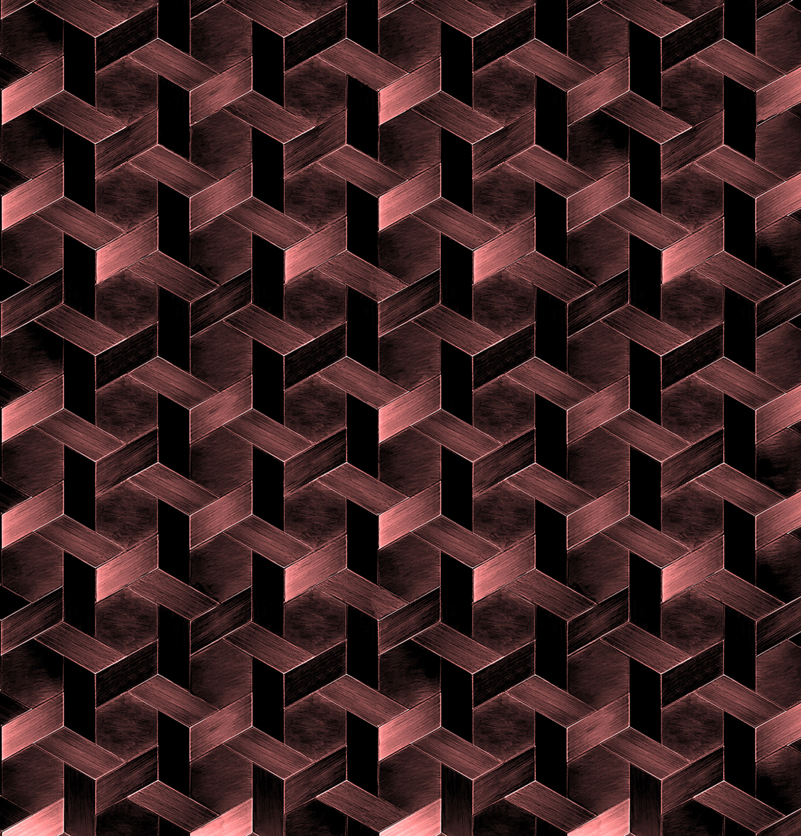 Optical geometric wallpaper with copper-coloured decorative pattern, on a black background