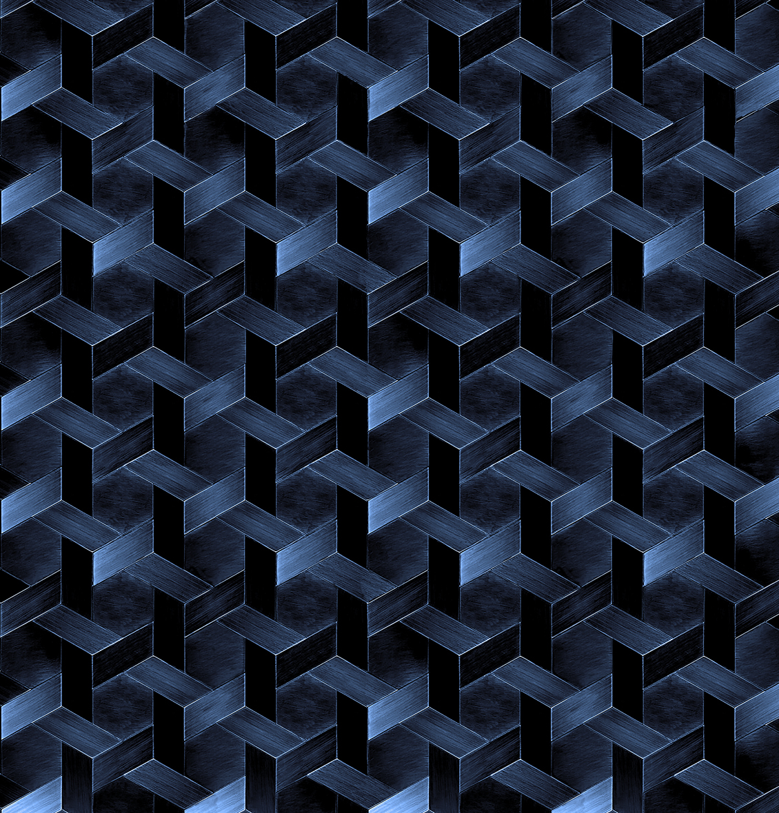 Carta da parati con motivo decorativo geometrico color blu, su fondo nero