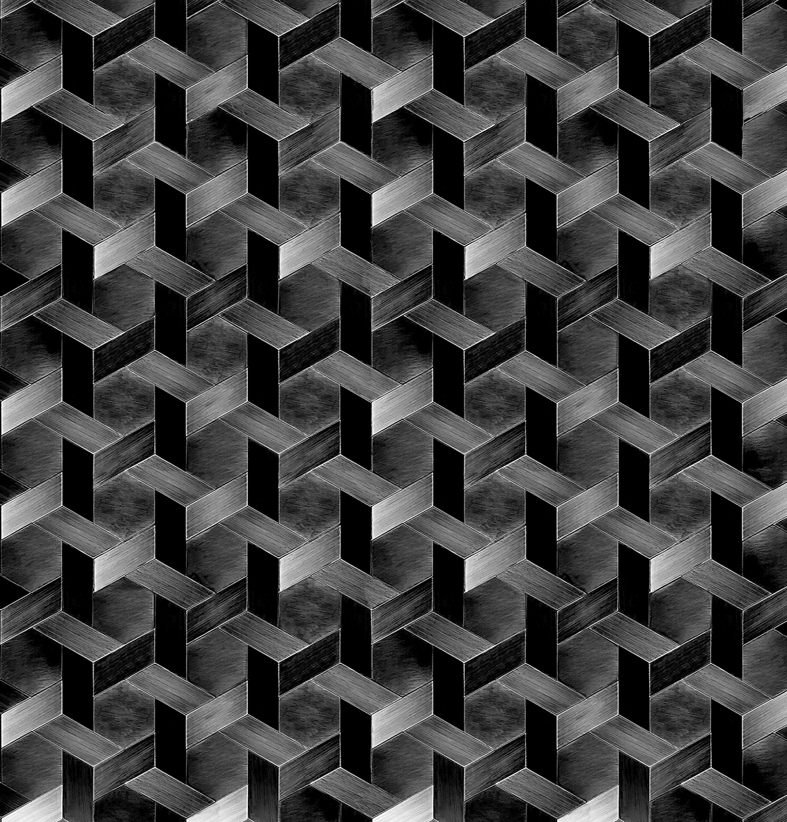 Optical Geometric wallpaper with silver metallic texture, on a black background