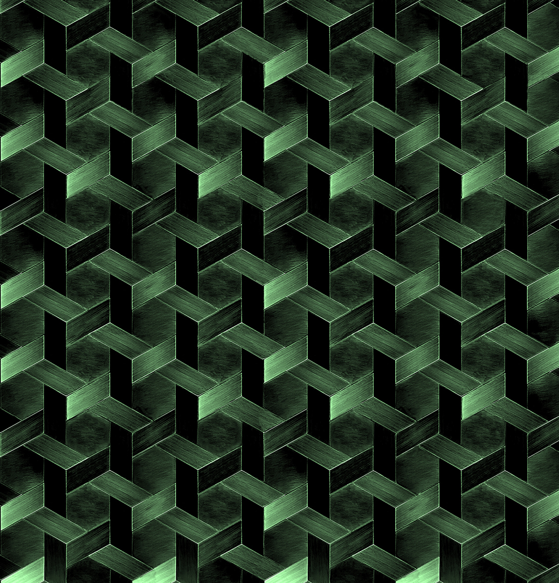 Carta da parati con motivo decorativo geometrico color verde, su fondo nero