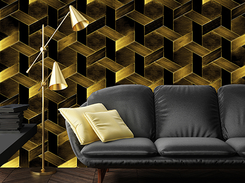 Geometric wallpaper with gold metallic texture on a black background covering a living room
