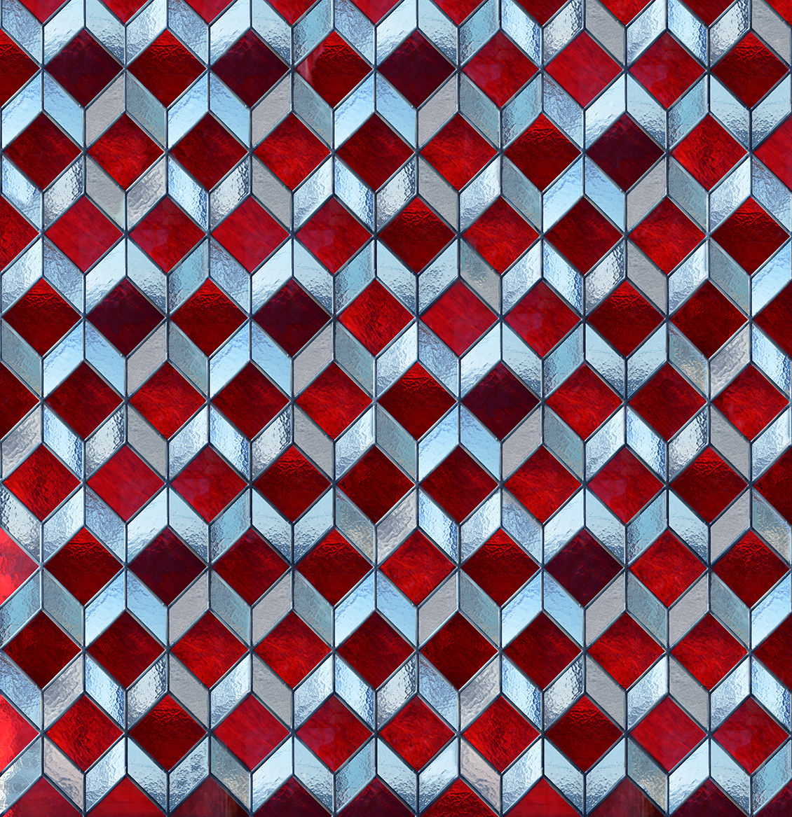 Carta da parati geometrica, con vetrata a rombi rossa e bianca, effetto realistico