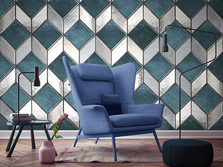 A living room with a geometric wallpaper with blue and white diamond stained glass