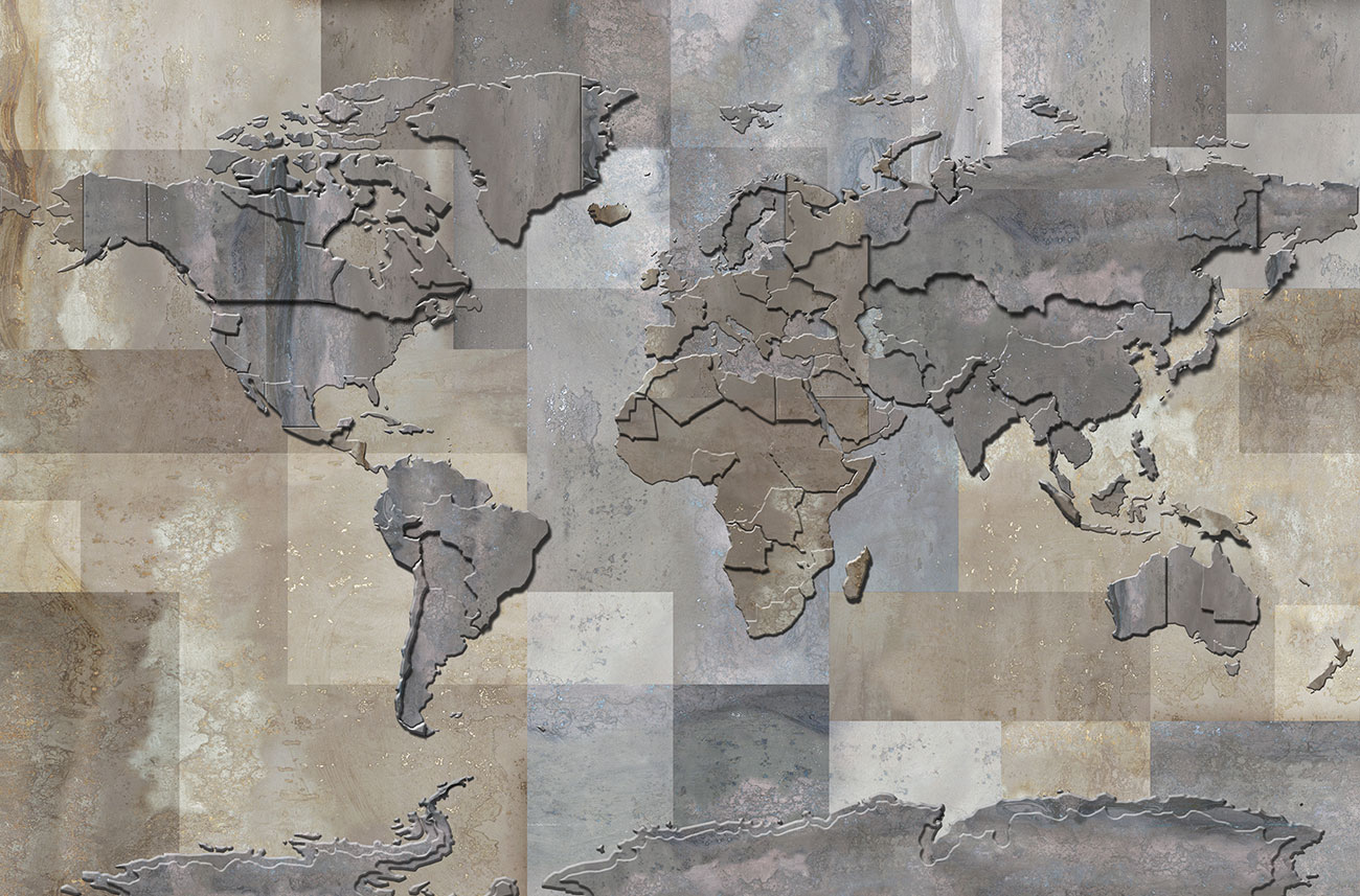 Wallpaper with geographical map, 3D effect in metal and rust color on a material background