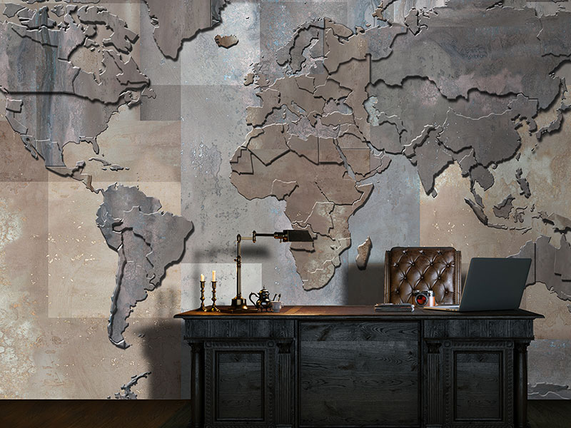 Wallpaper with geographical map, 3D effect in metal and rust color wich adorns a studio