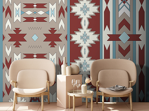 Geometric wallpaper with an ethnic texture in red, blue, white and dove grey