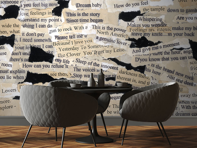 Modern wallpaper with letters and words on fabric background in a dining room