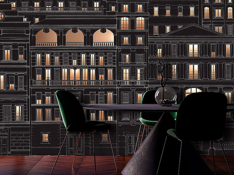 Architectural wallpaper with a hand drawn city of buildings on a black background                