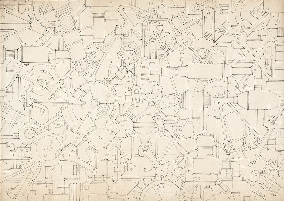Industrial wallpaper with hand drawn gear design
