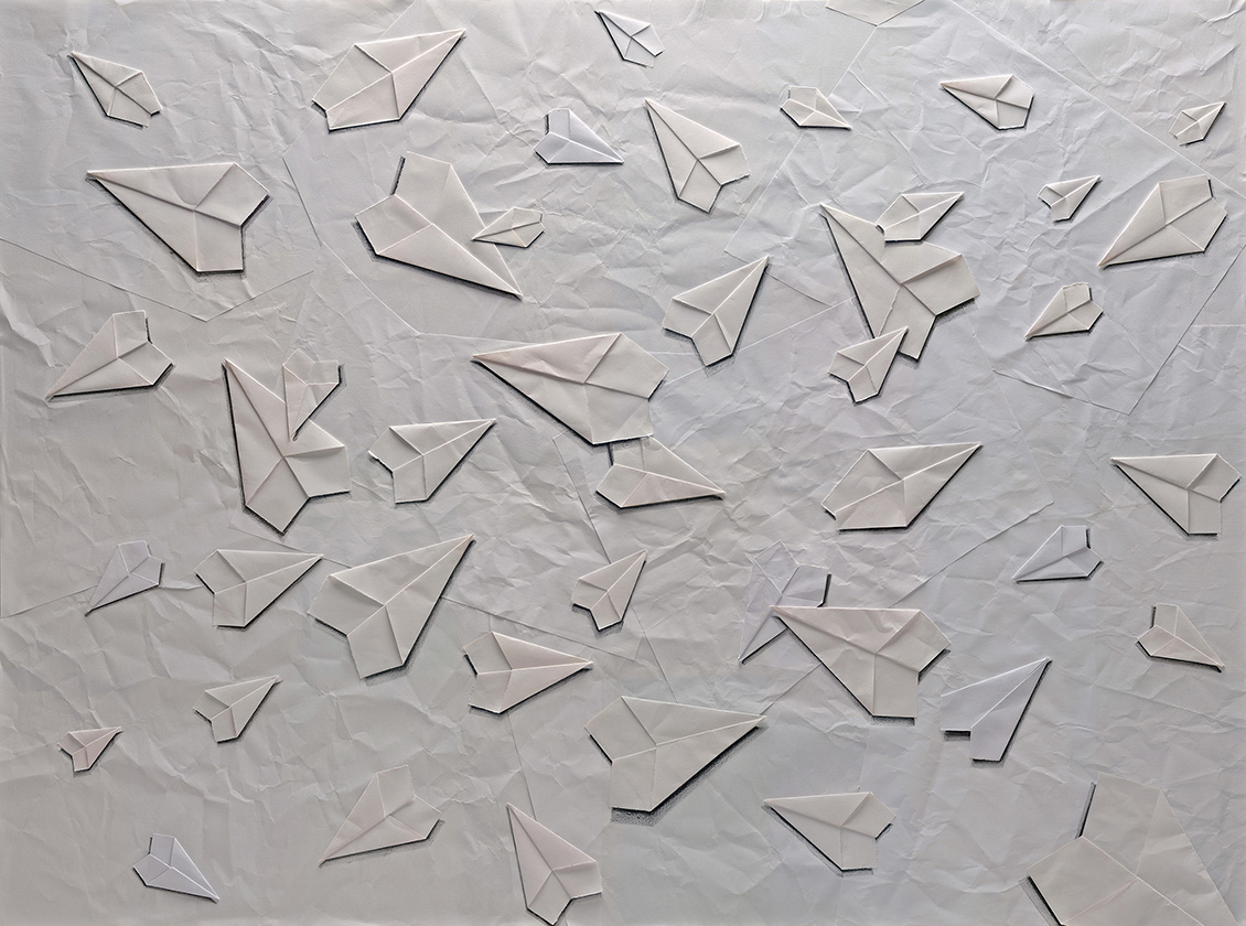 Modern trompe l'oeil wallpaper with flying paper planes on white materic background