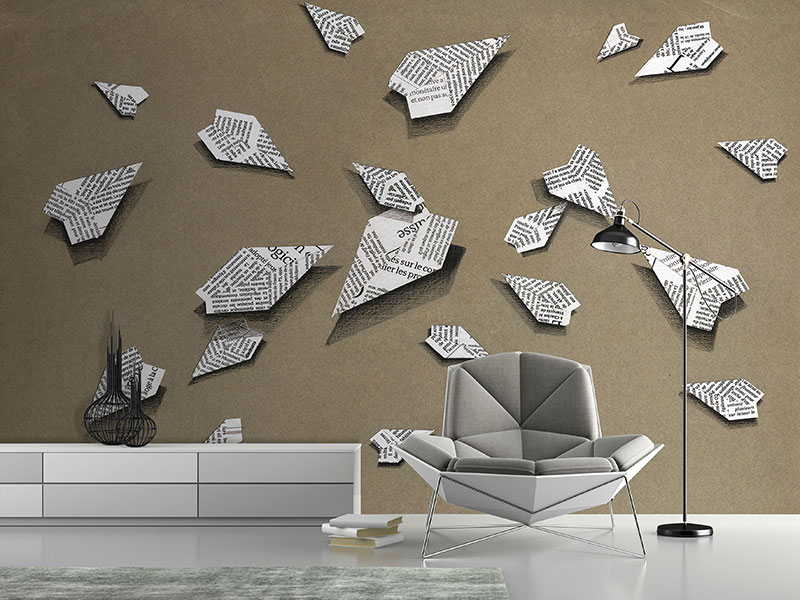Modern wallpaper with newspaper planes flying on beige background