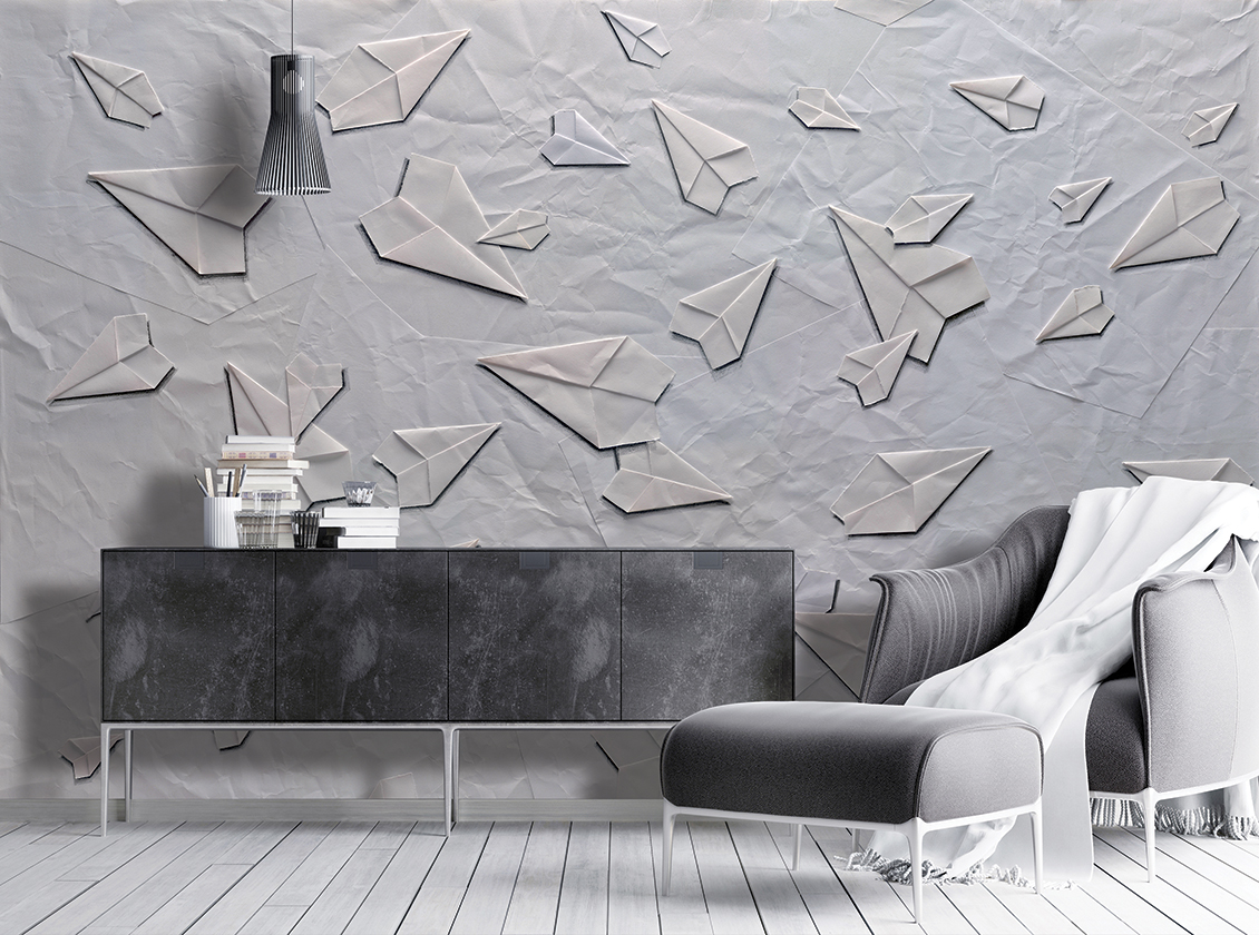 Modern wallpaper with flying paper planes on white materic background