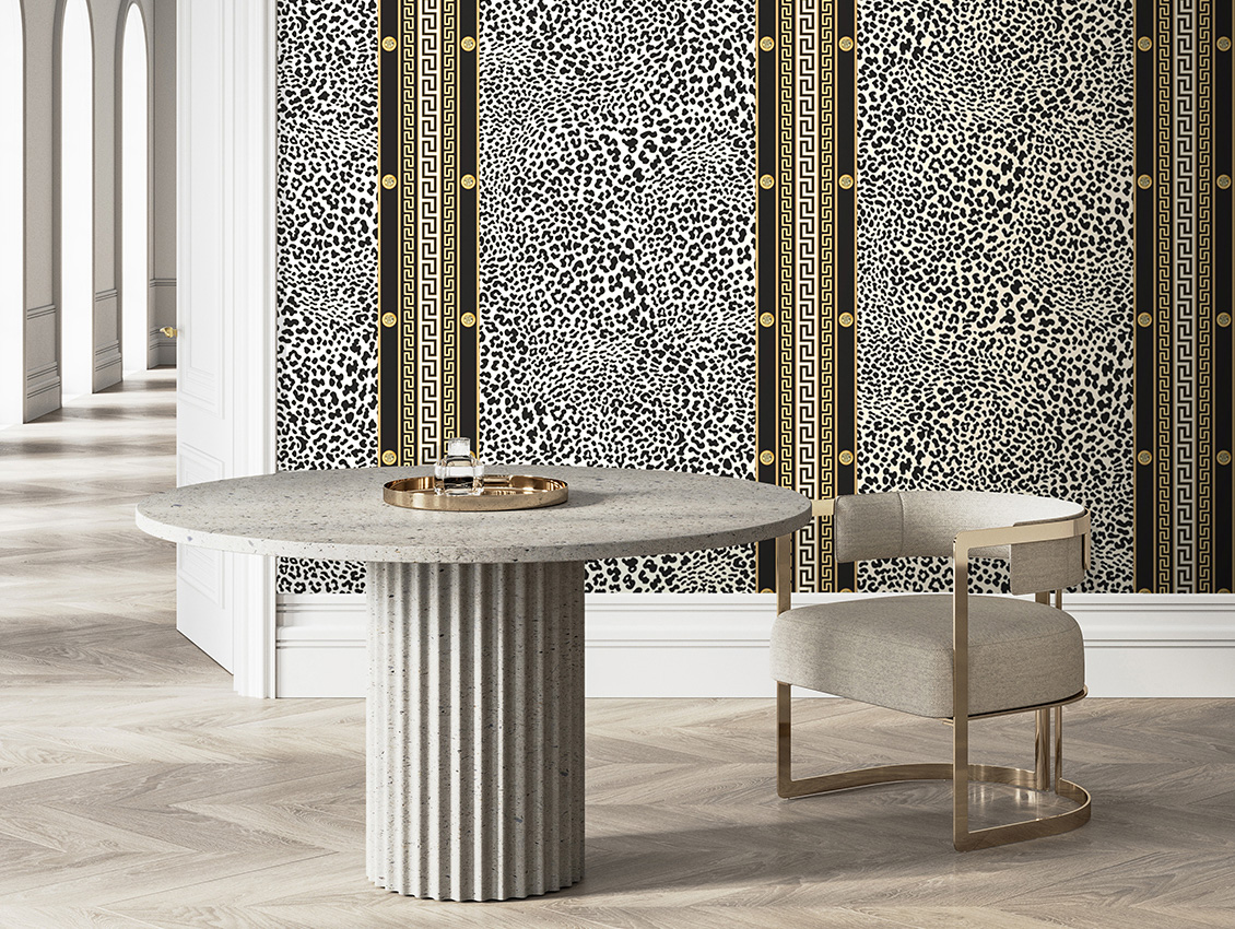 Animalier-style wallpaper with leopard texture, gold-toned geometric greeks, which adorns a living room