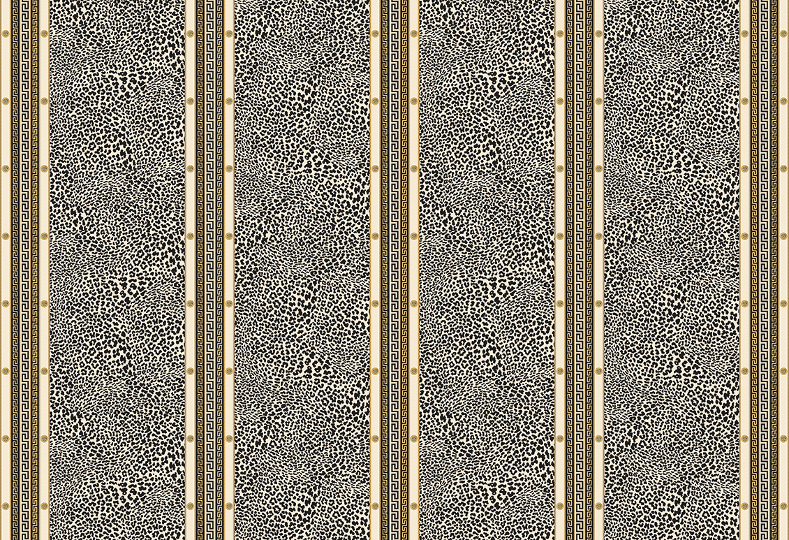 Animalier-style wallpaper with leopard texture, black and white colors with gold precious stones
