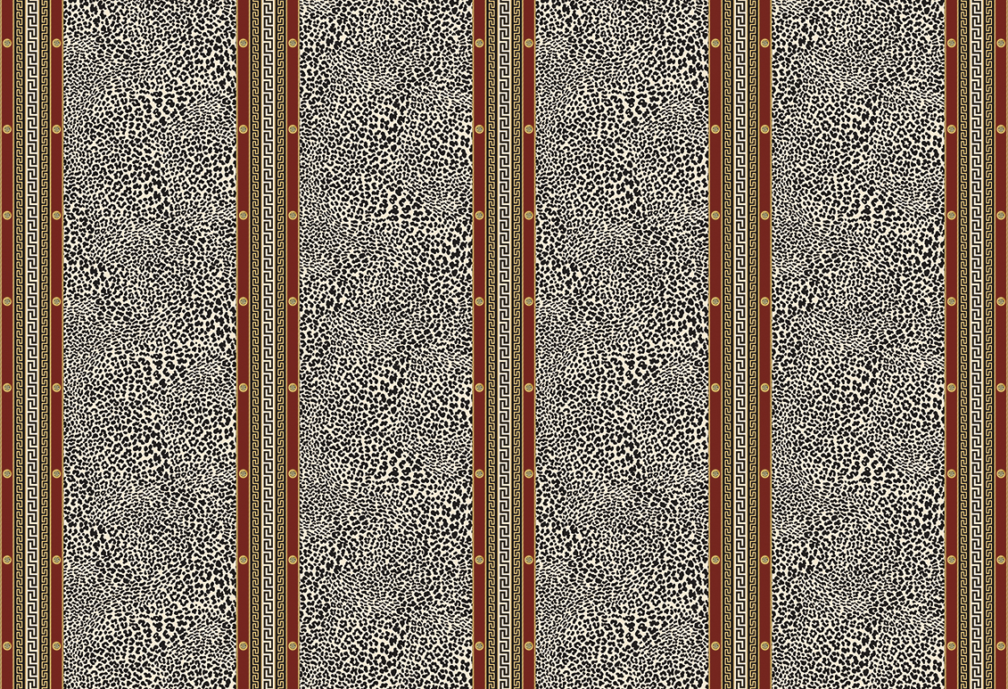 Animalier-style wallpaper with leopard texture, black and red colors with gold precious stones