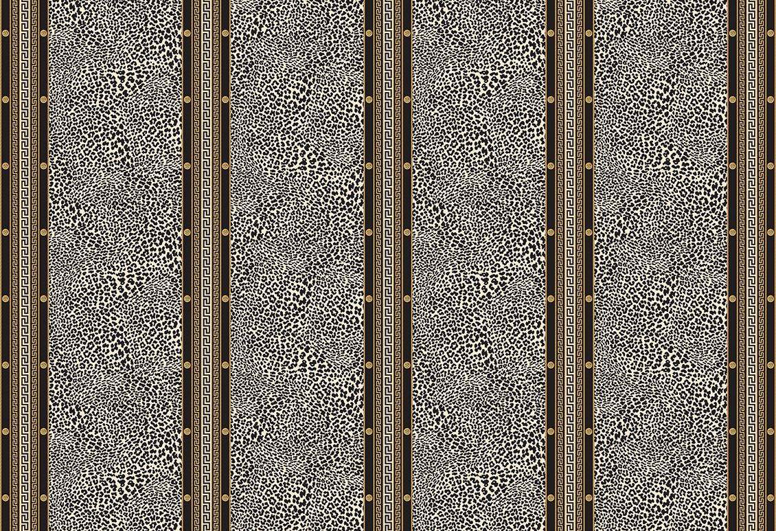 Animalier-style wallpaper with leopard texture, gold-toned geometric and precious stones