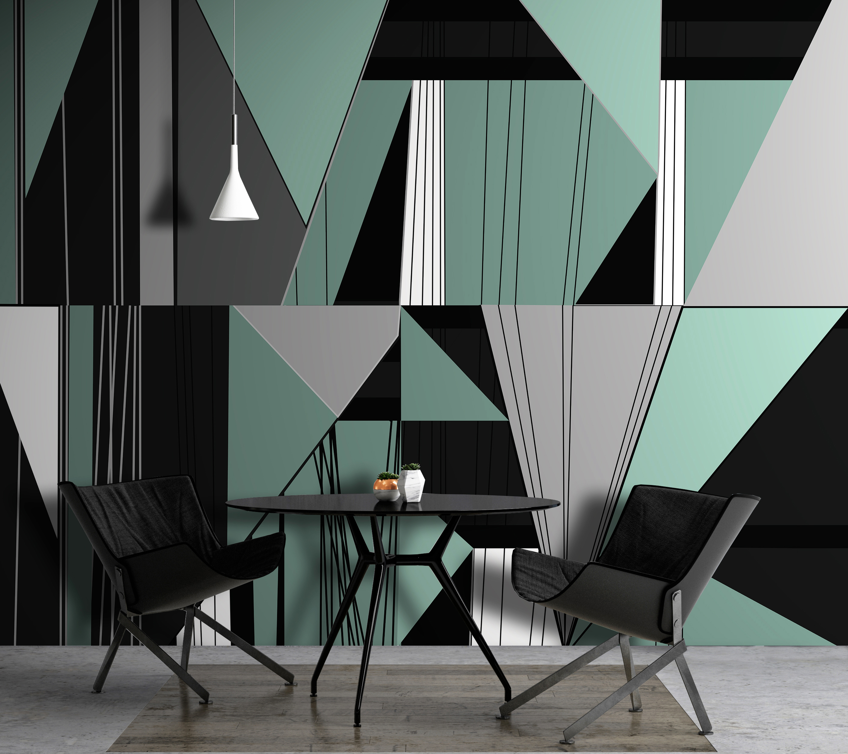 Modern geometric wallpaper in green, black and white, covering a living room