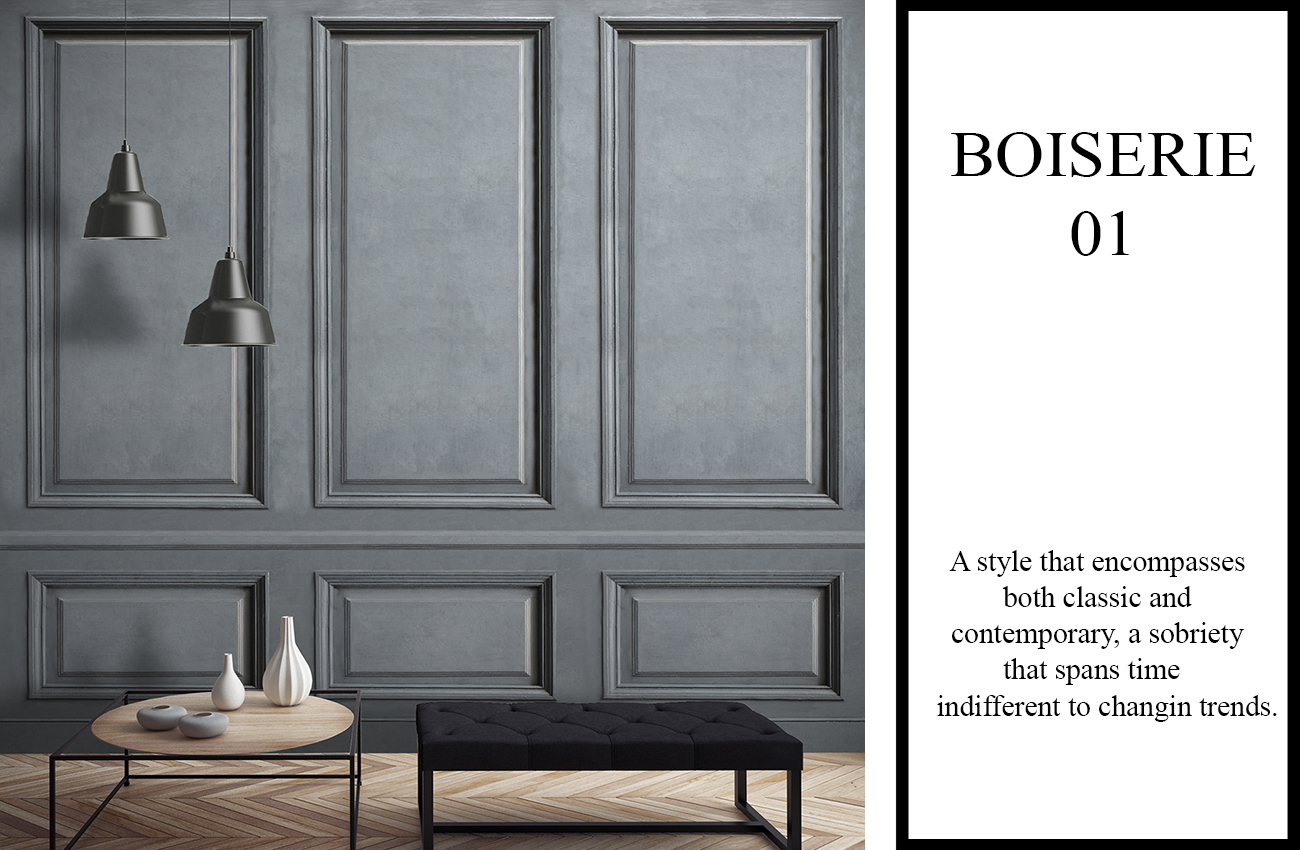 Carta da parati 3d con boiserie classica realistica di colore grigio, in un soggiorno moderno