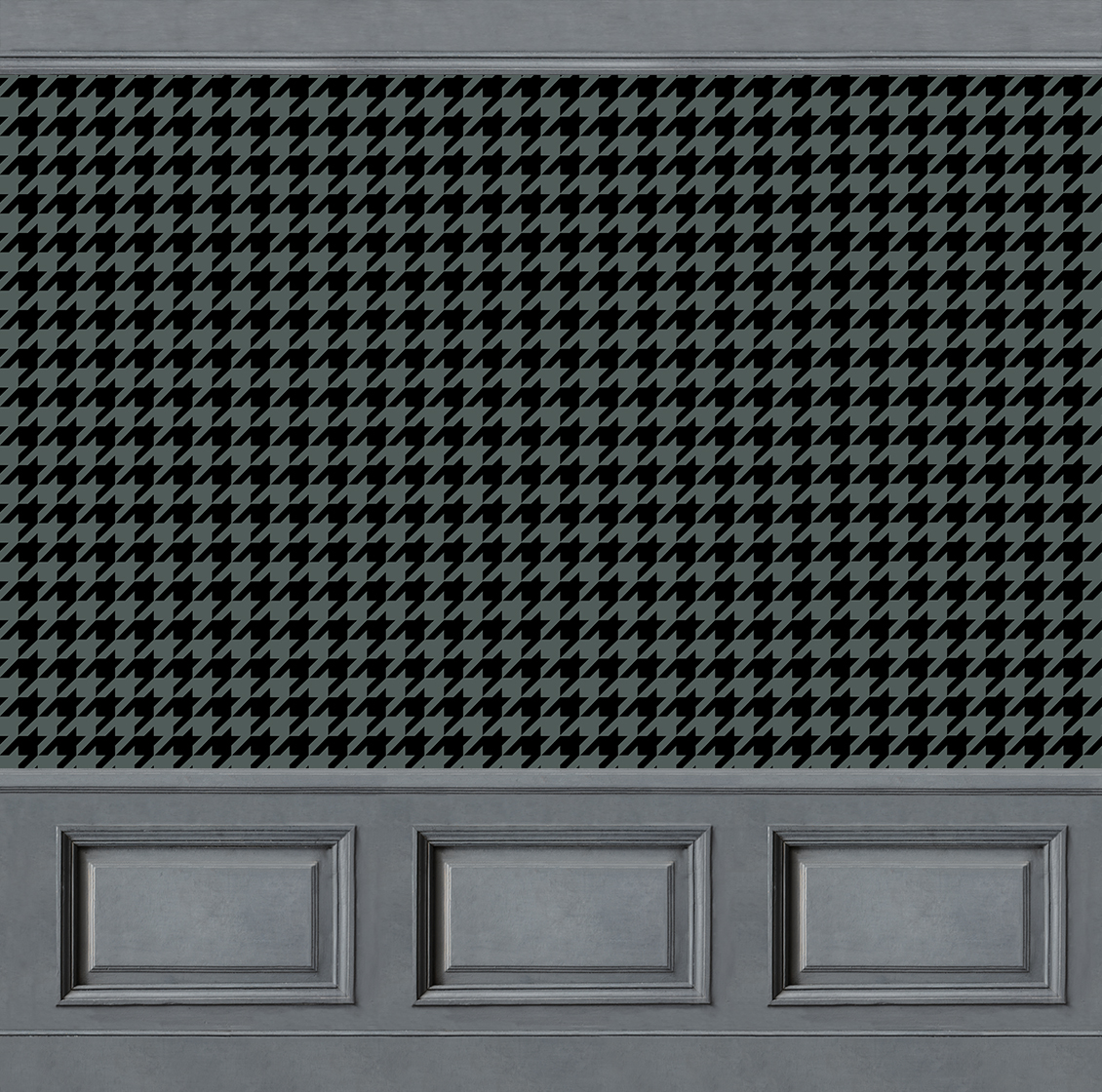 Customizable wallpaper with grey boiserie and green pied de poule fabric