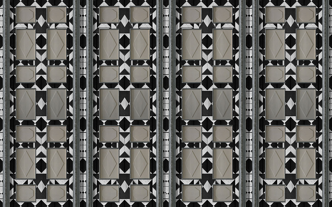Black and white 3D geometric wallpaper with realistic wood paneling and silver frames