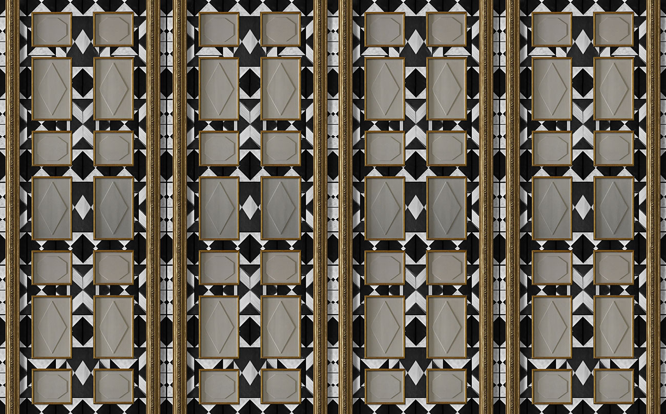 Black and white geometric wallpaper with realistic wood paneling and gold borders