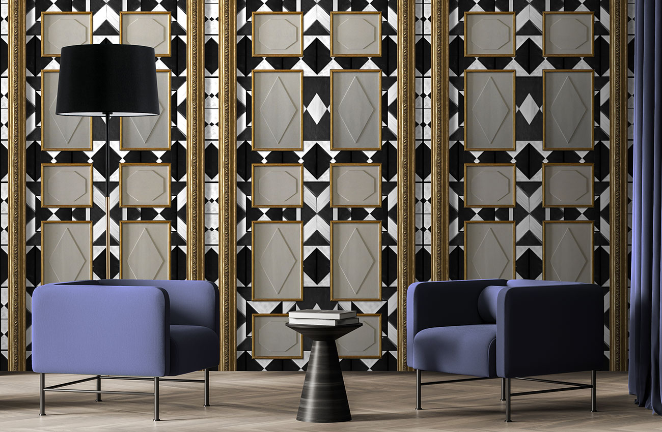 Black and white geometric wallpaper with realistic boiserie and gold borders , in an elegant living room