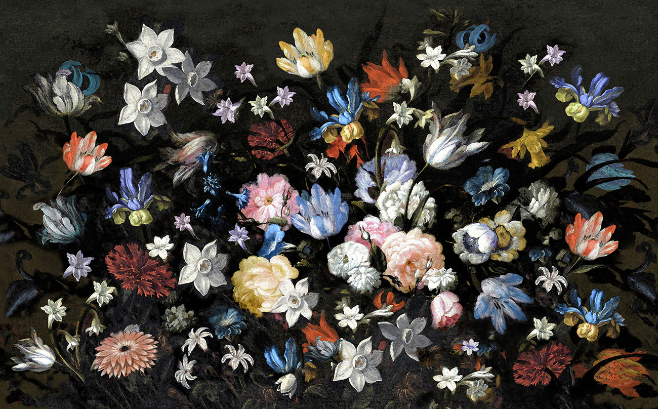 Carta da parati decorativa con grandi fiori colorati dipinti a mano