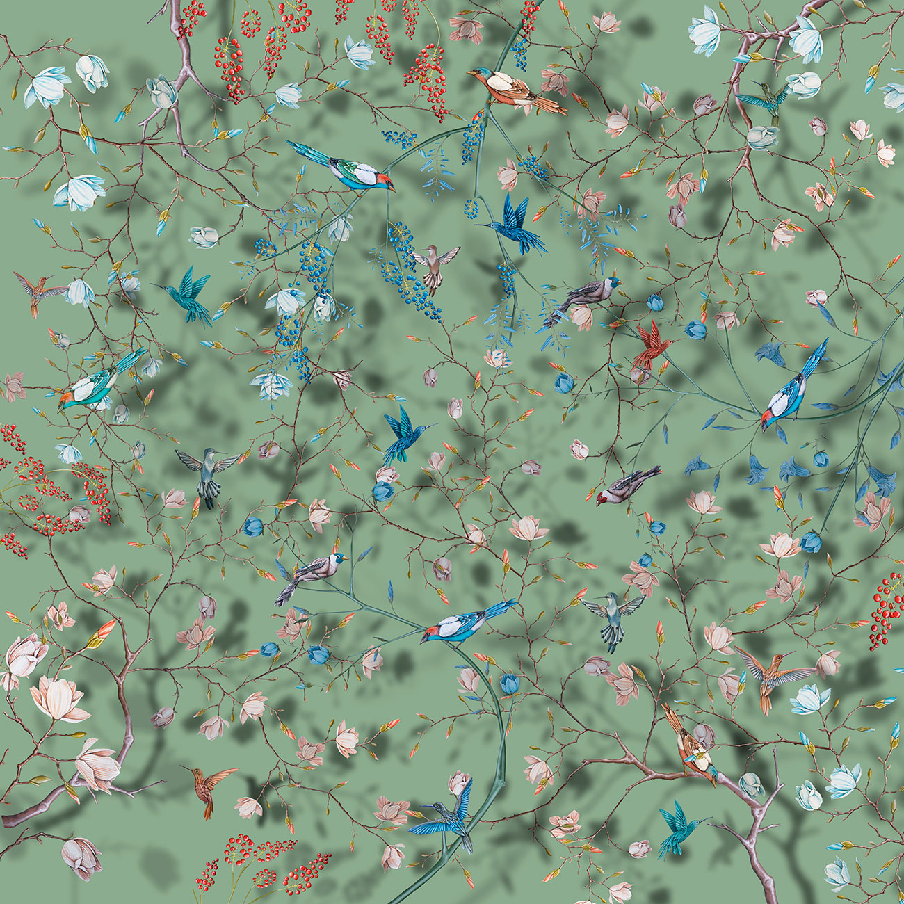 Carta da parati floreale effetto 3d, con fiori ed uccelli tropicali dipinti a mano su fondo verde