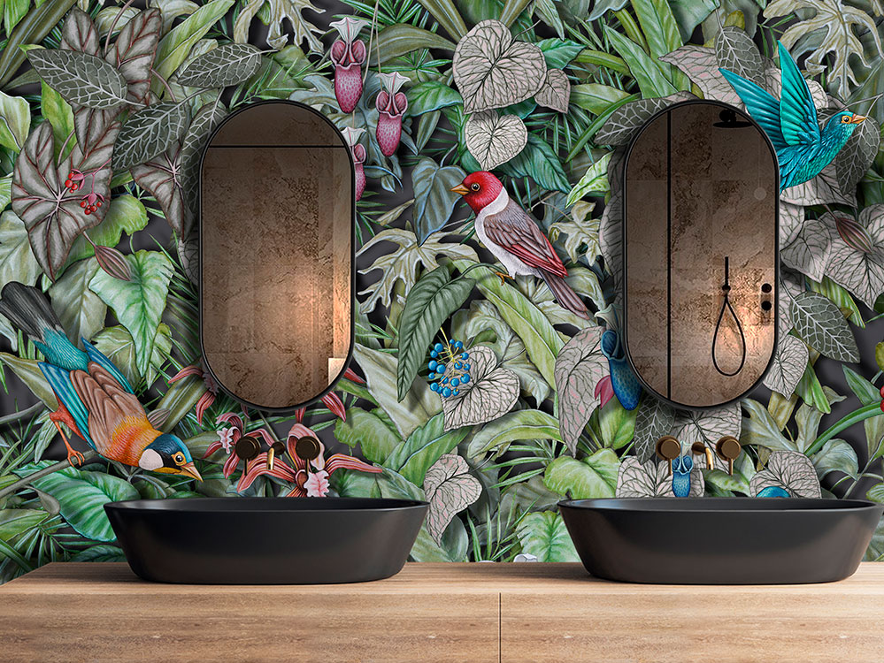 Tropical wallpaper with leaves, exotic flowers and colorful birds