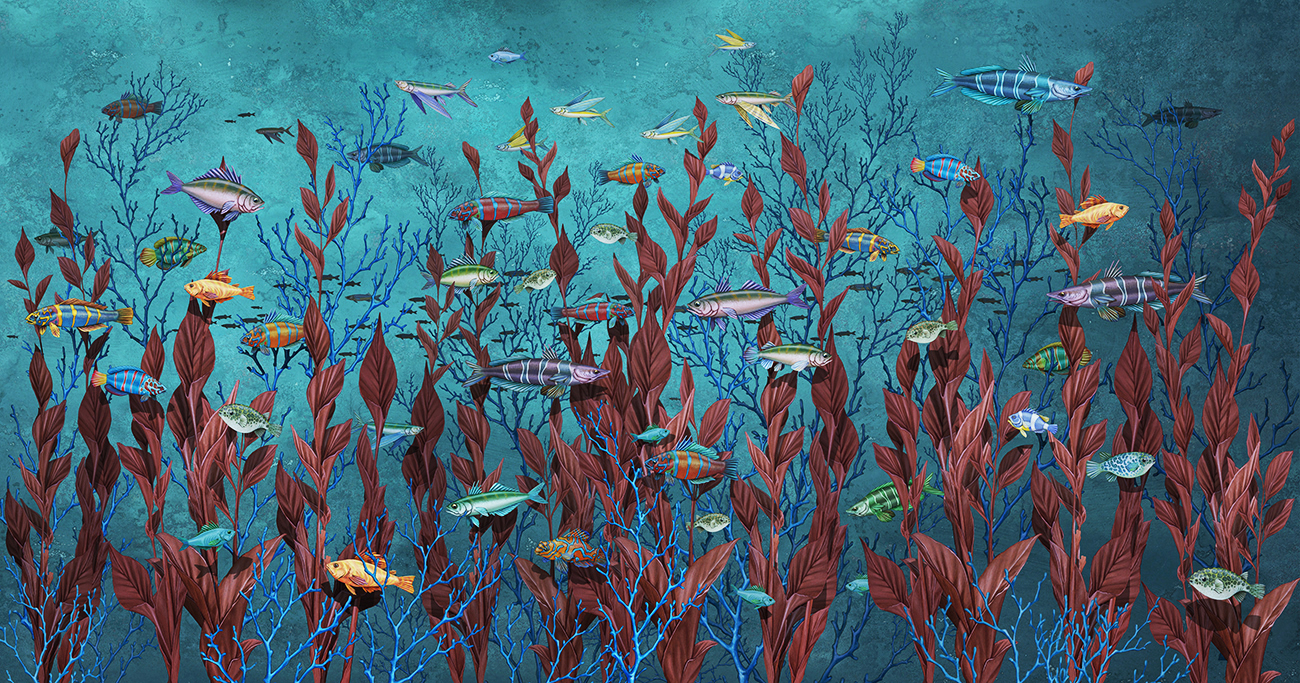 Carta da parati con pesci esotici un acquario con alghe e coralli blu su fondo verde acqua