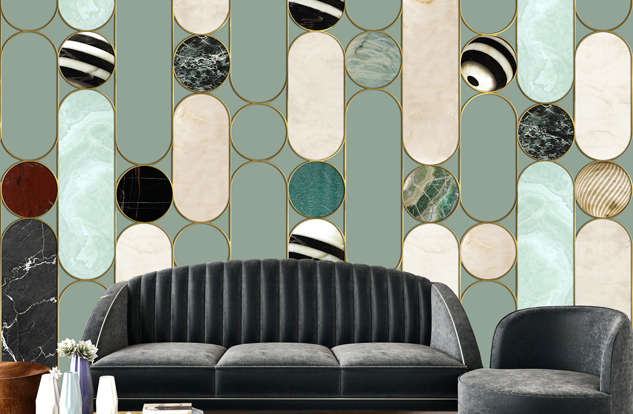 Decorative wallpaper a golden geometric structure with marble inserts in an elegant living room