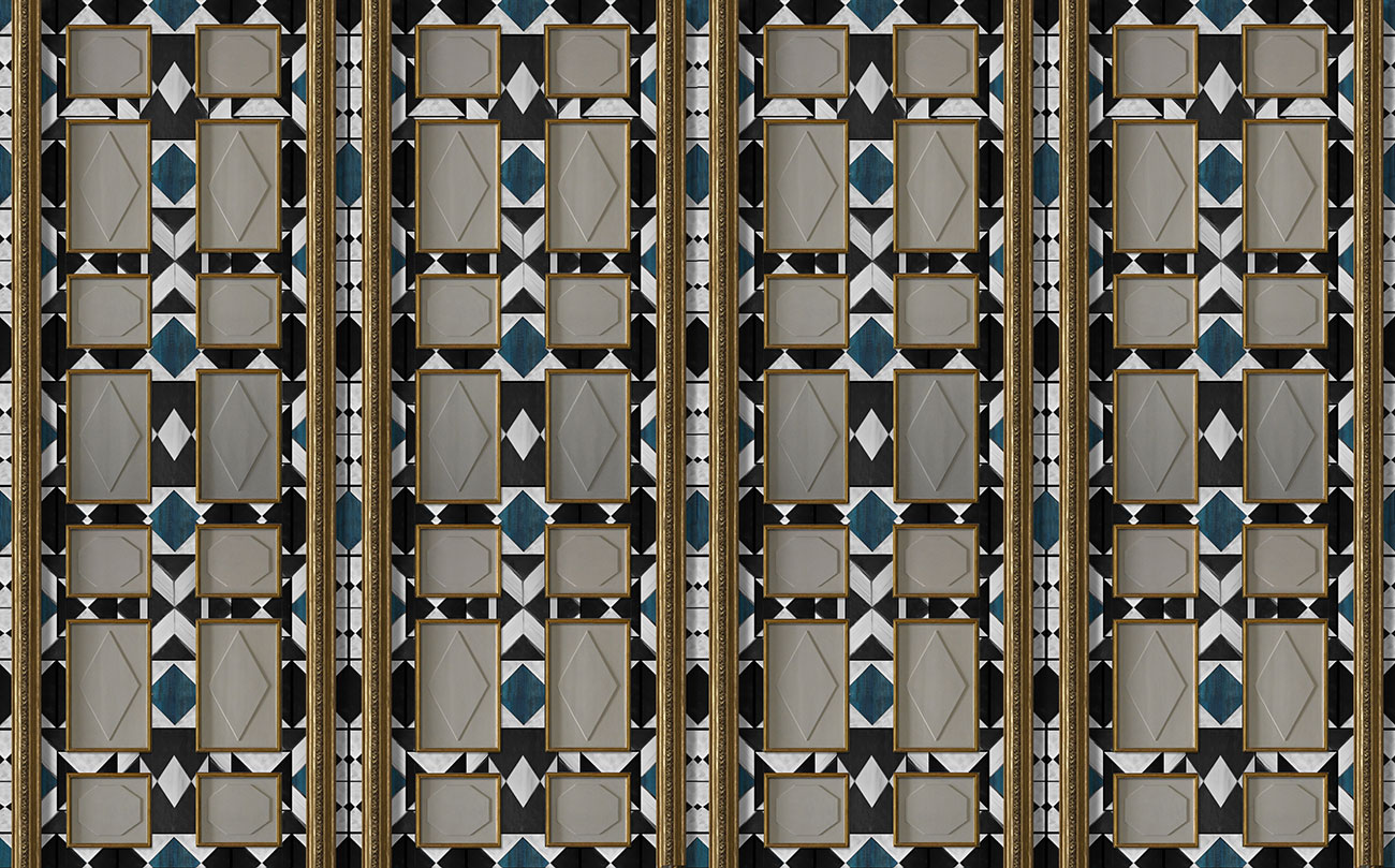 Decorative black, white and blue wallpaper with realistic boiserie and gold borders