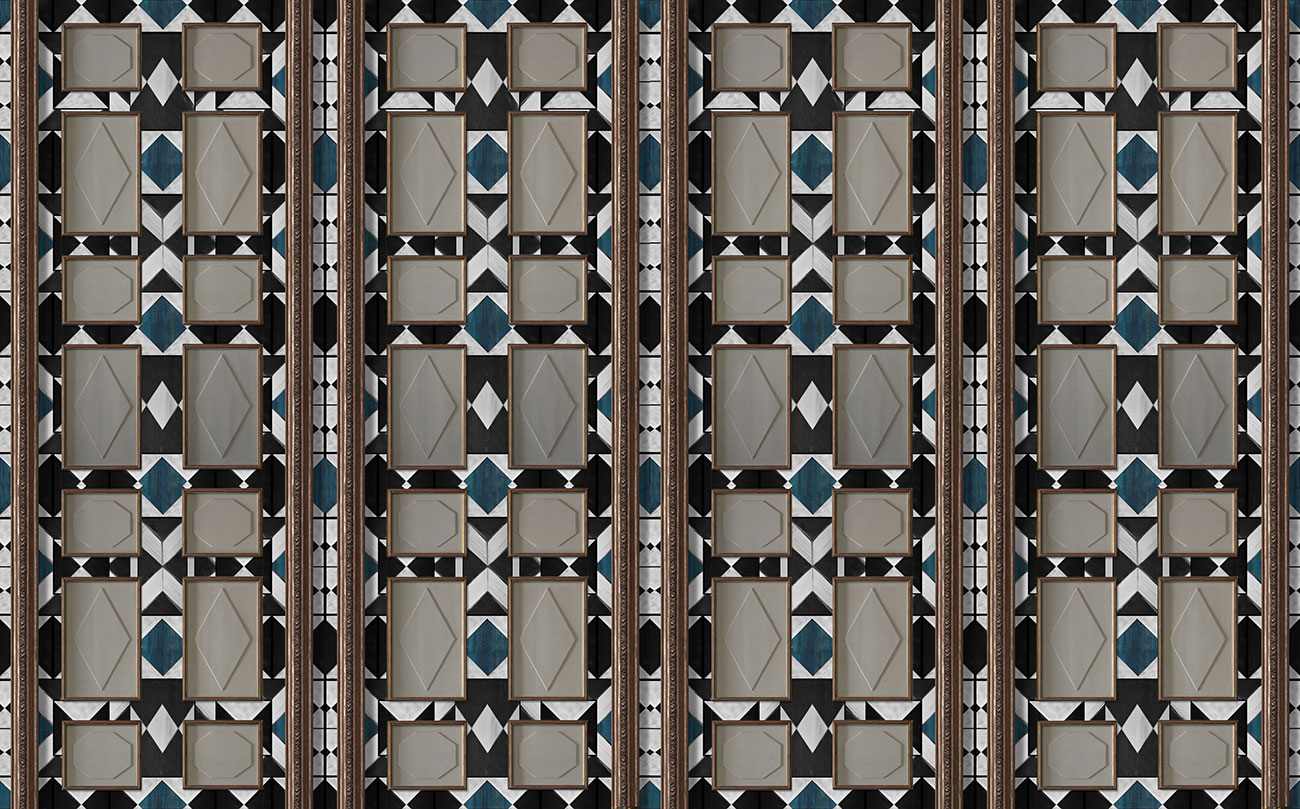Hand-painted geometric wallpaper in black white and blue with realistic wainscoting and copper-colored borders