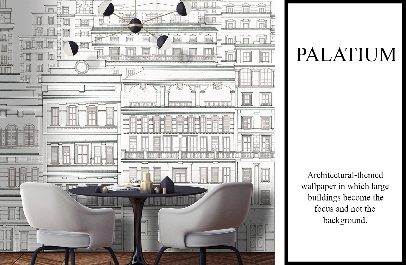 Architectural wallpaper with hand drawn buildings on a white background, in a modern living room