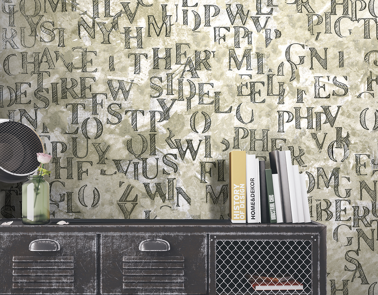 Modern wallpaper with texture of letters on a material background